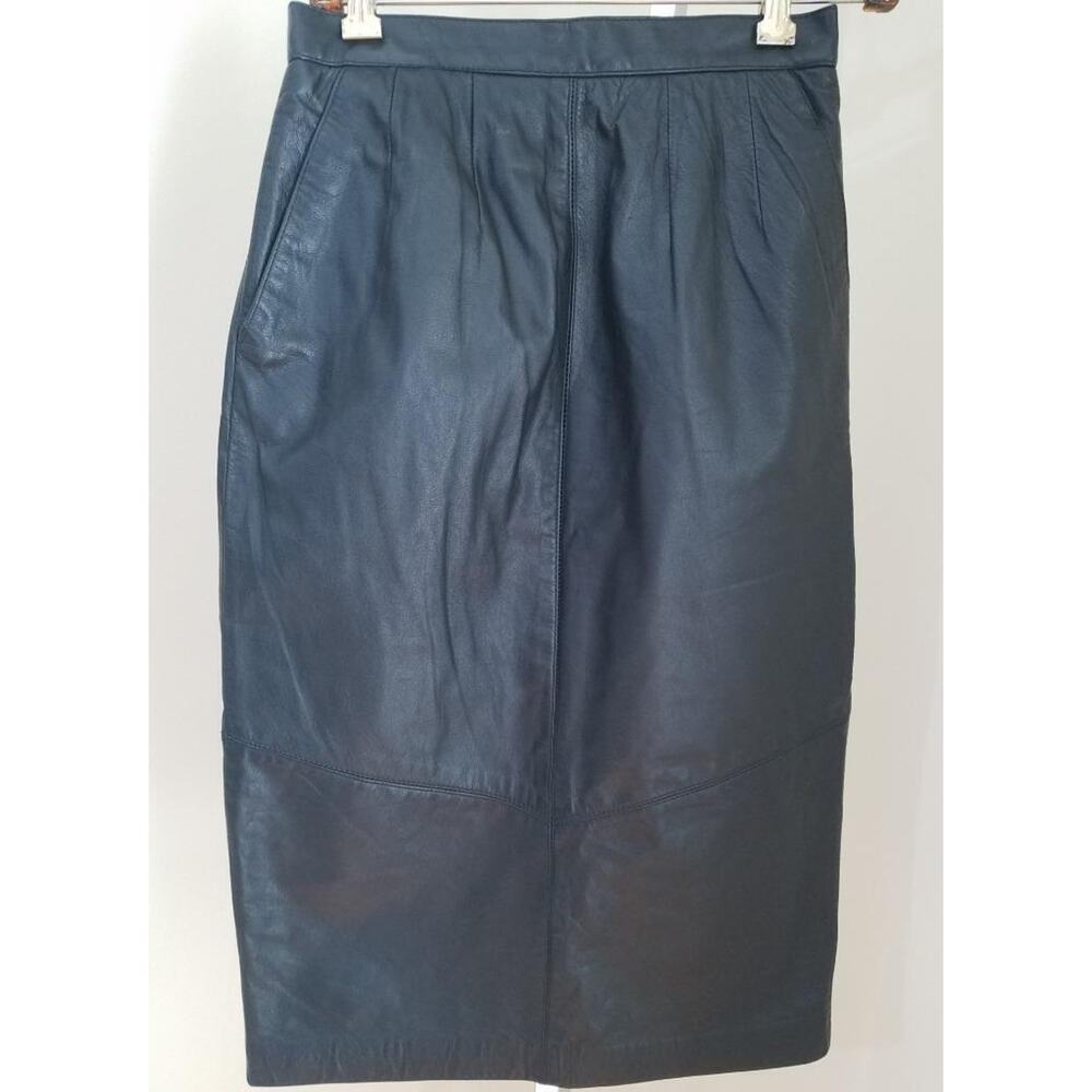 PELLE Cuir Black Leather Vintage Pencil High Waist Midi Skirt Pockets Perfect! 8